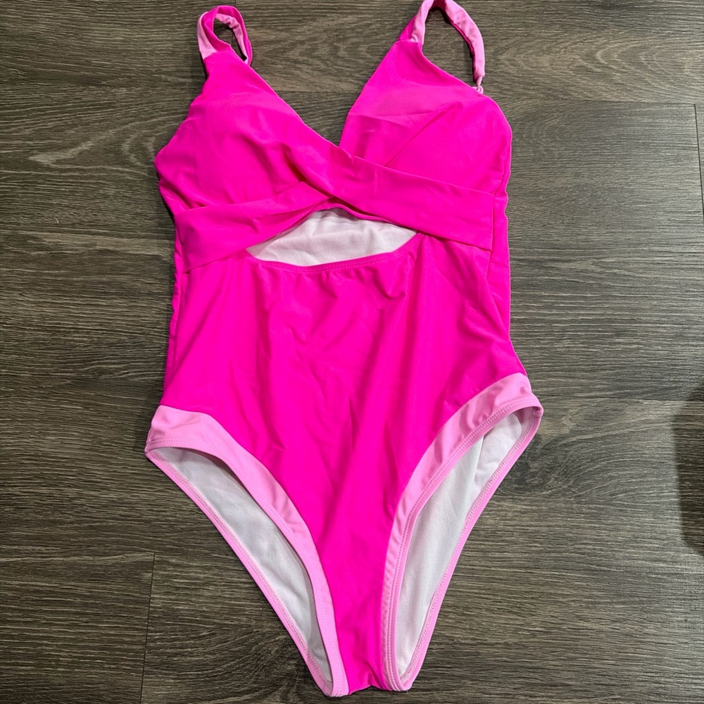 Amazon Pink One-Piece Swimsuit with Light Pink Accents size large